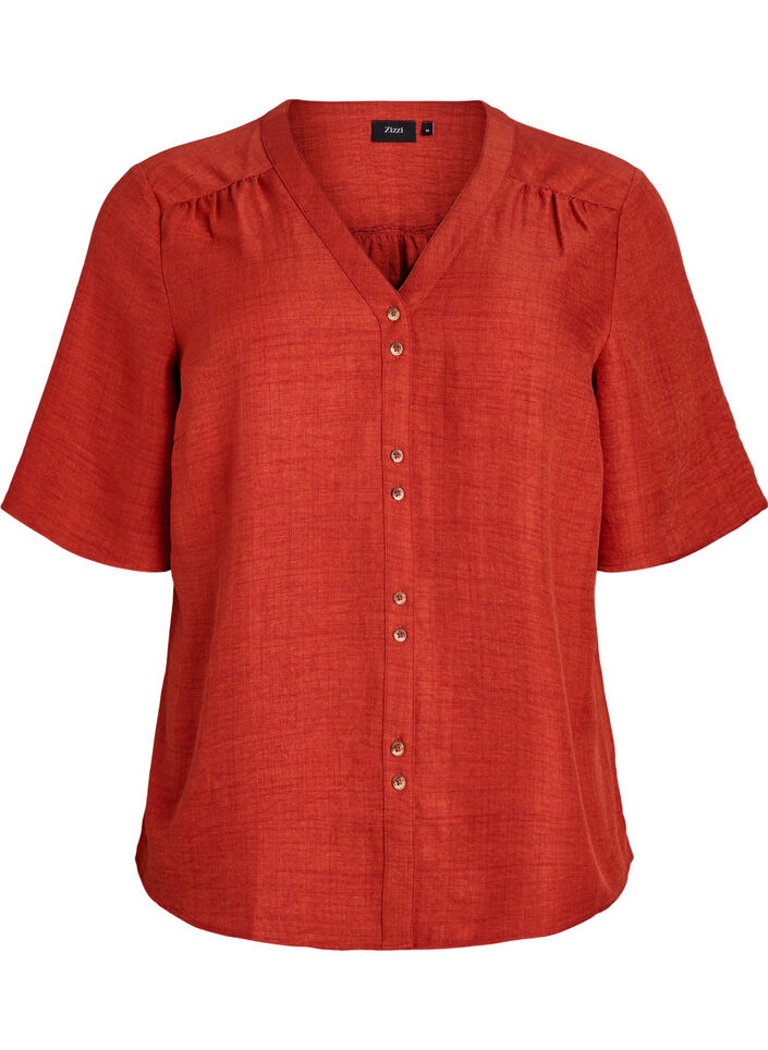 Hemdbluse mit V-Ausschnitt und kurzen &Auml;rmeln, Rot, Packshot image number 0