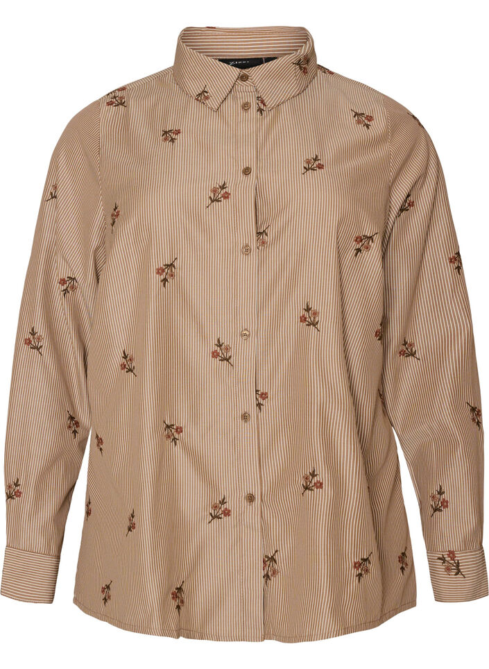 Gestreifte Bluse mit bestickten Blumen, Braun, Packshot