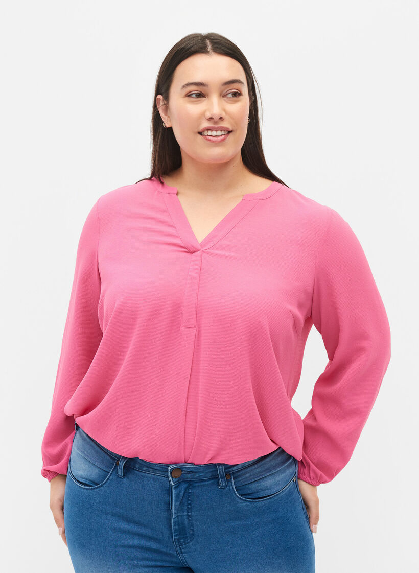 Unifarbene Bluse mit V-Ausschnitt, Shocking Pink, Model