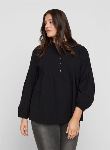 Langarm Bluse aus Baumwolle, Black, Model image number 0
