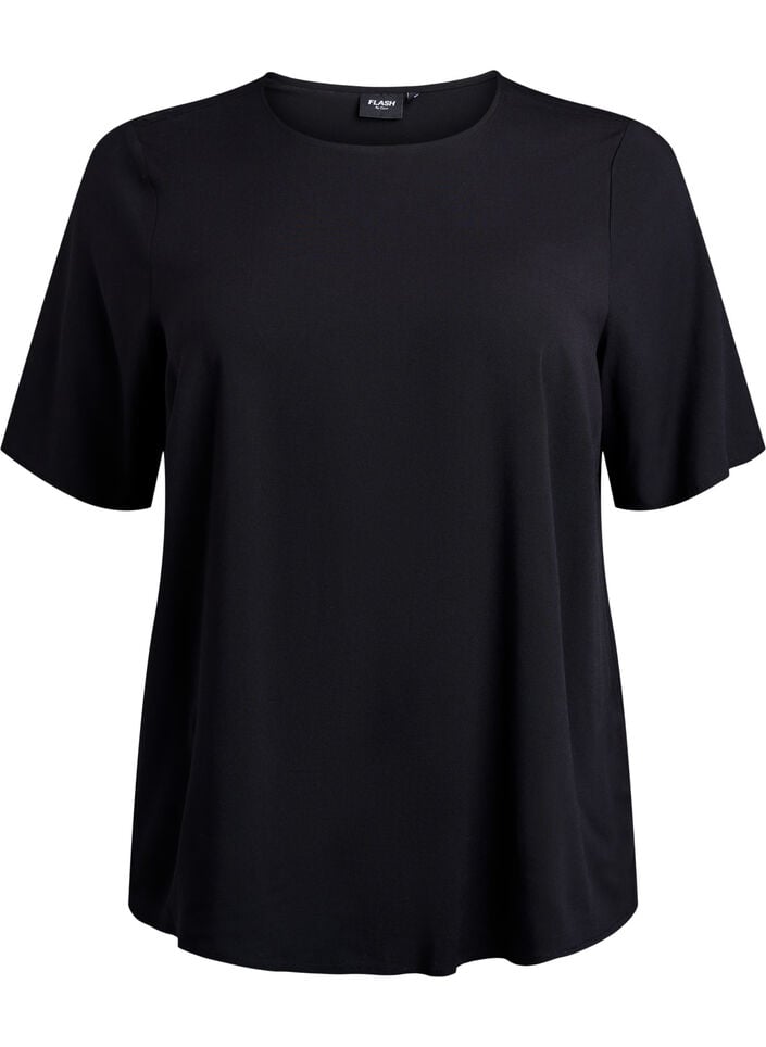 Kurz&auml;rmelige, gewebte Bluse mit Rundhals, Schwarz, Packshot image number 0