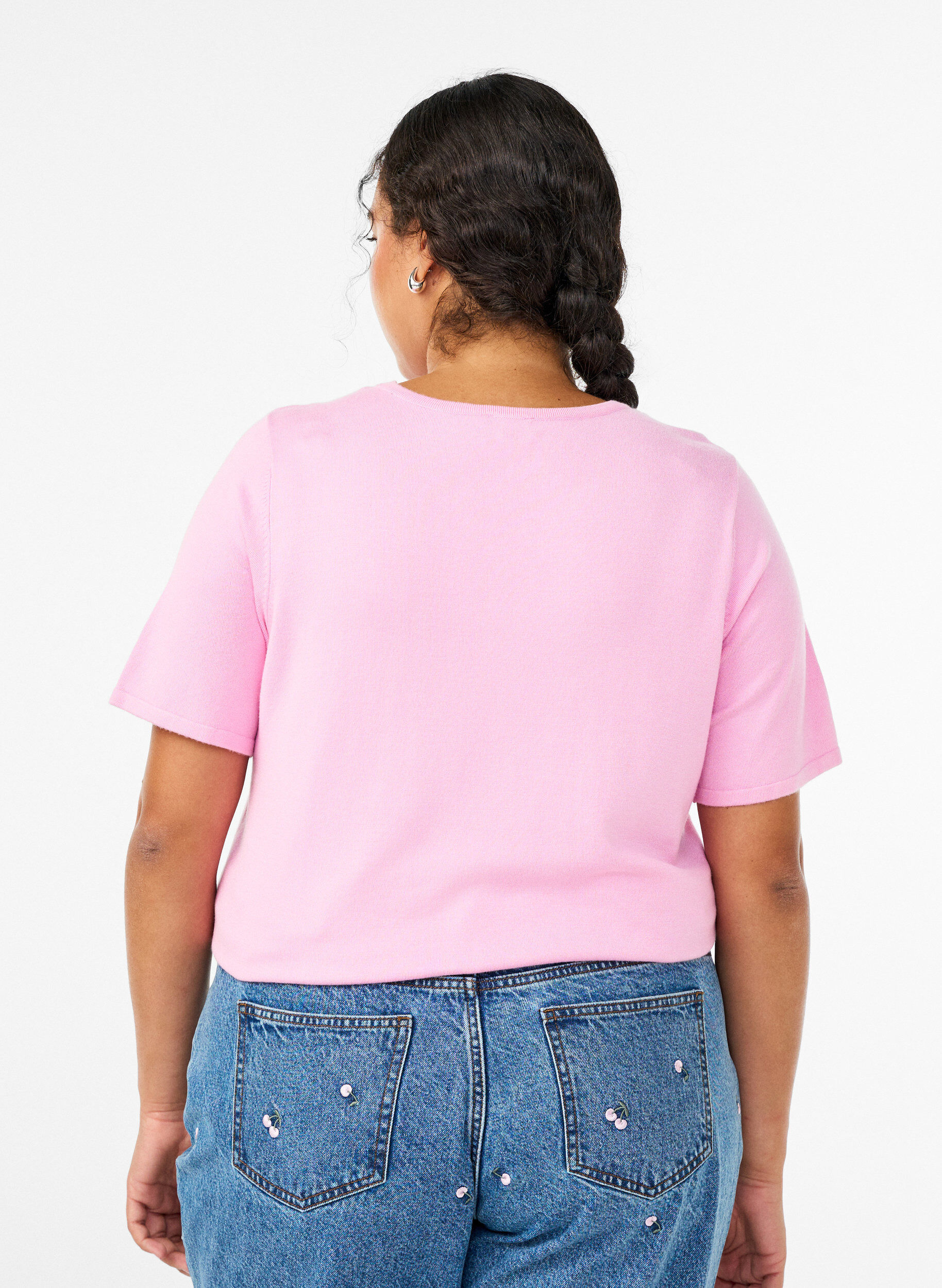 Zizzi Kurz&auml;rmelige Strickbluse aus Viskose, Pink, Model image number 2