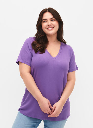 Viskose T-Shirt mit Ripp und V-Ausschnitt, Deep Lavender, Model image number 0