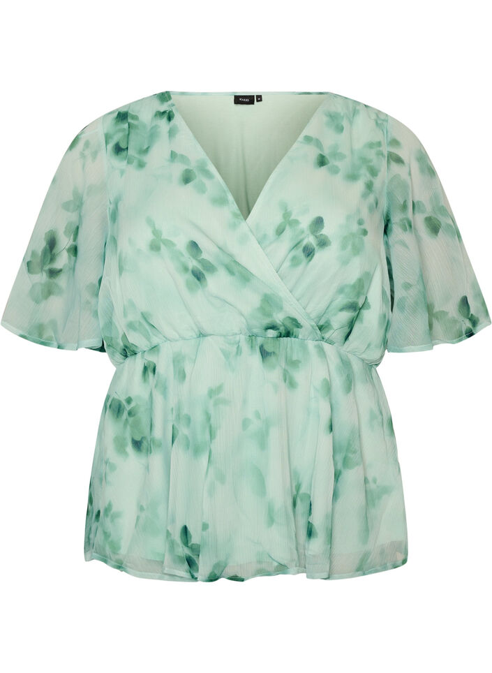 Gebl&uuml;mte Chiffonbluse mit kurzen &Auml;rmeln, Gr&uuml;n, Packshot image number 0
