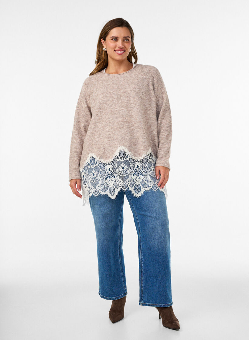 Strickpullover mit Raglan&auml;rmeln und breitem Spitzenbesatz, Beige, Model image number 1