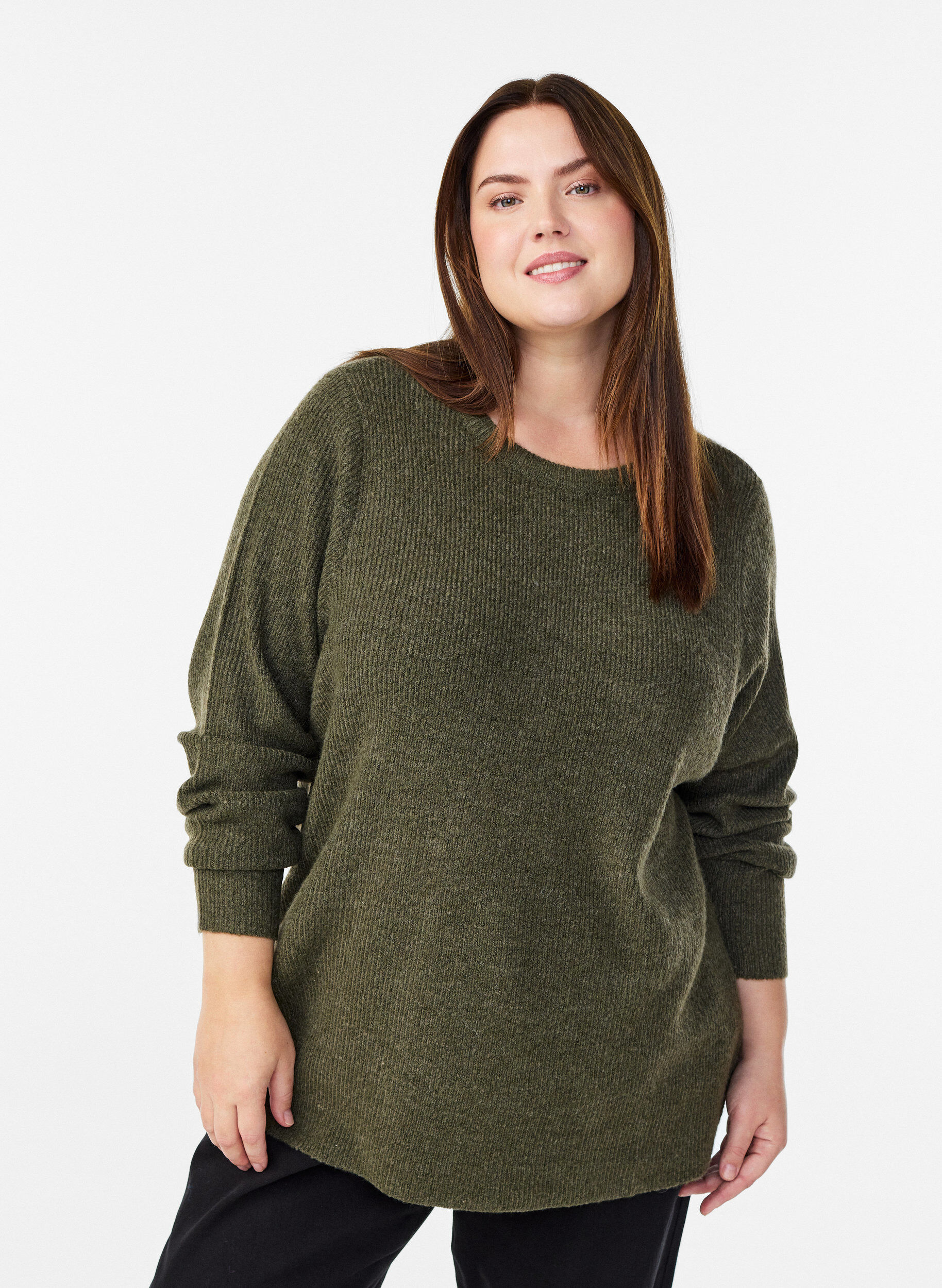 Melierte Strickbluse mit Rundhalsausschnitt, Gr&uuml;n, Model