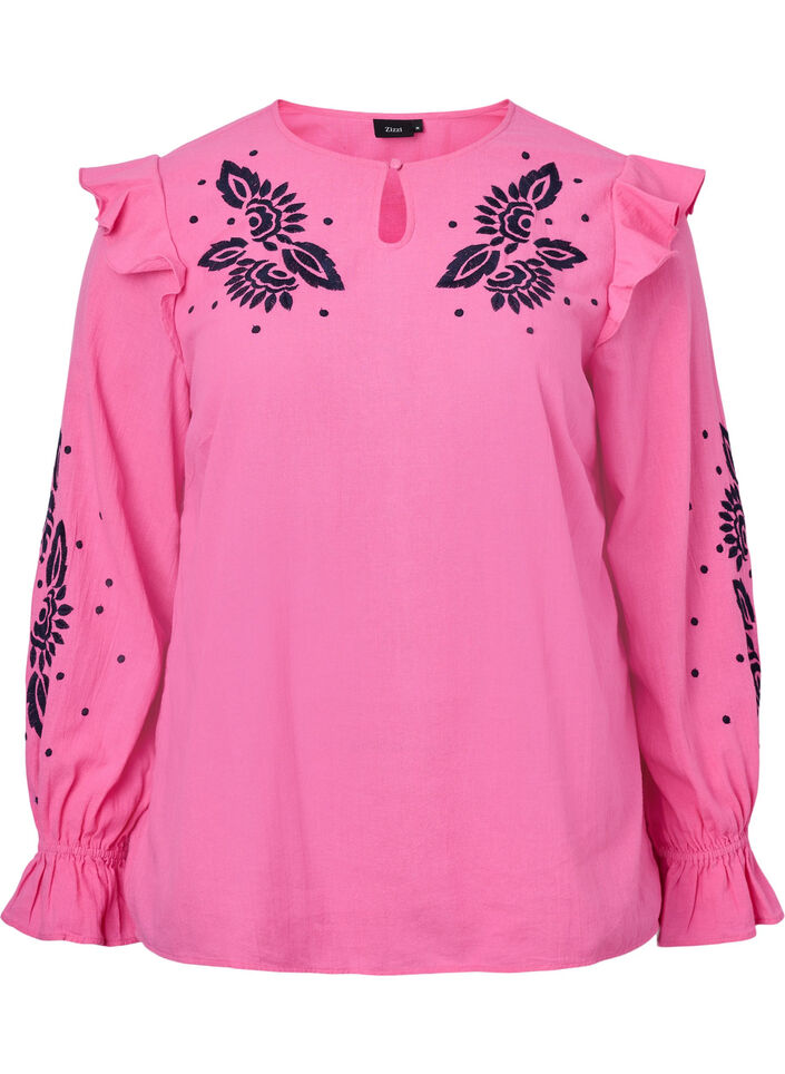 Baumwollbluse mit Stickerei und Rüschen, Pink, Packshot image number 0