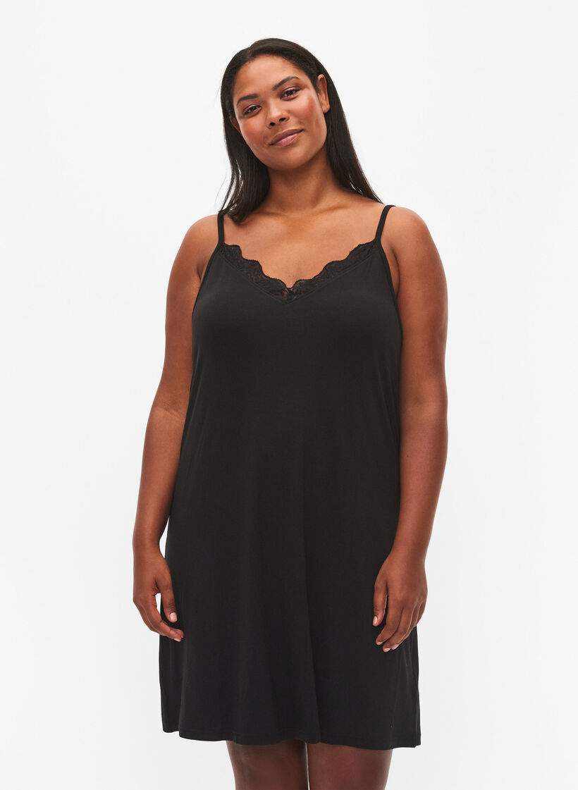 Neglig&eacute; mit Spitzensaum aus Viskose, Schwarz, Model image number 0