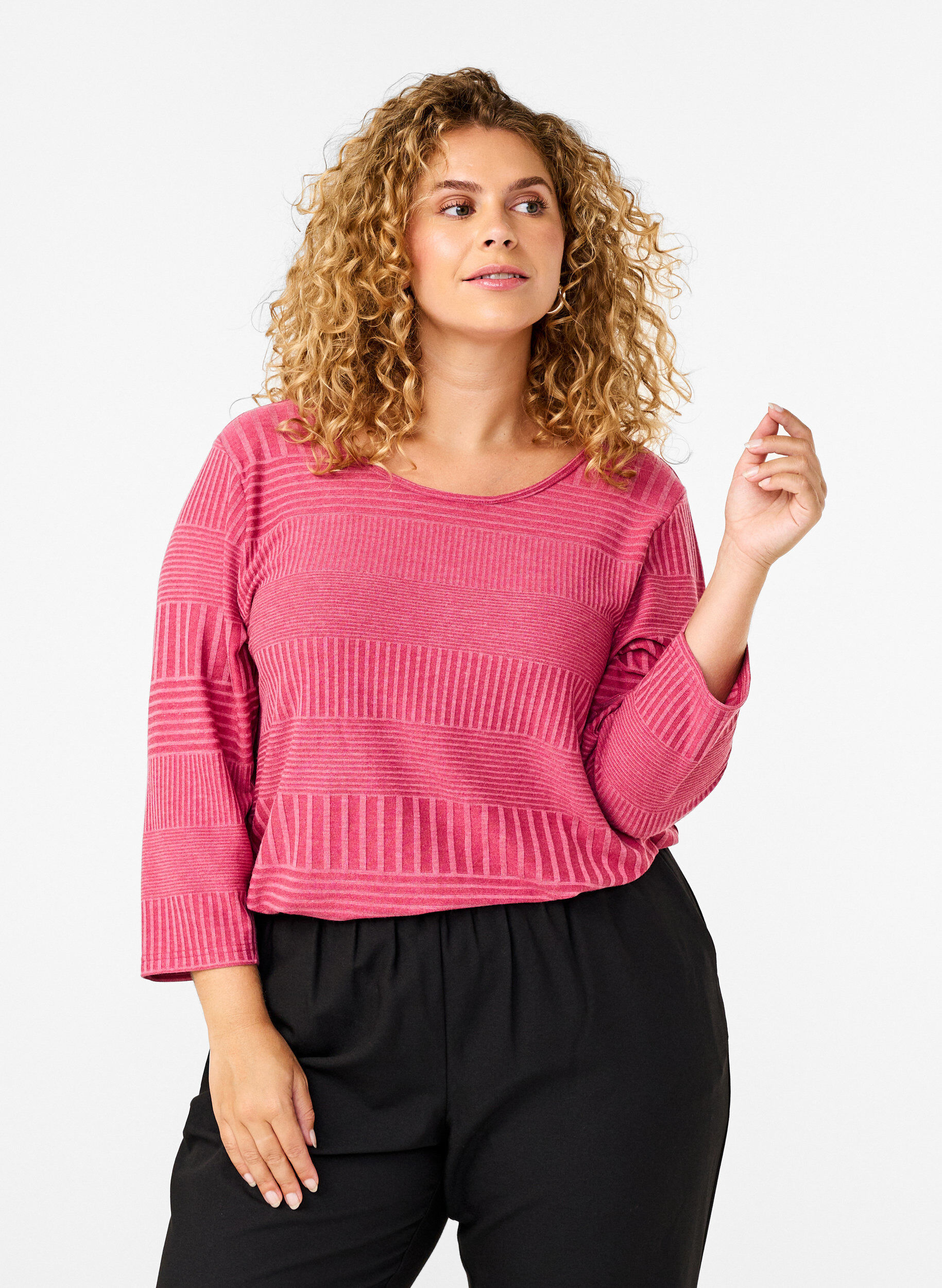Zizzi Bluse mit 3/4-&Auml;rmeln und Streifenmuster., Malaga Mel., Model image number 0