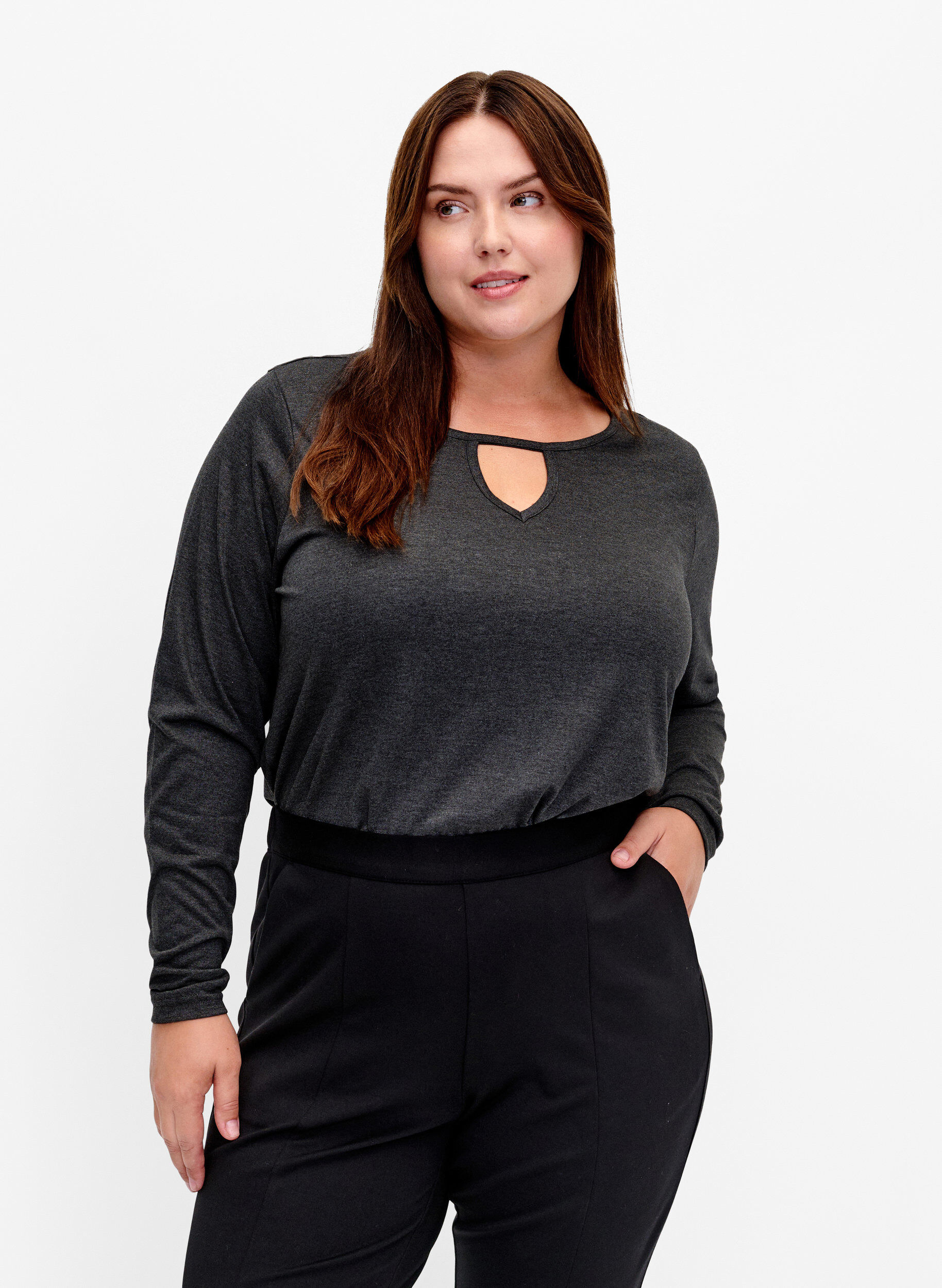 Zizzi Melange-Bluse mit langen &Auml;rmeln, Black Mel. , Model image number 0