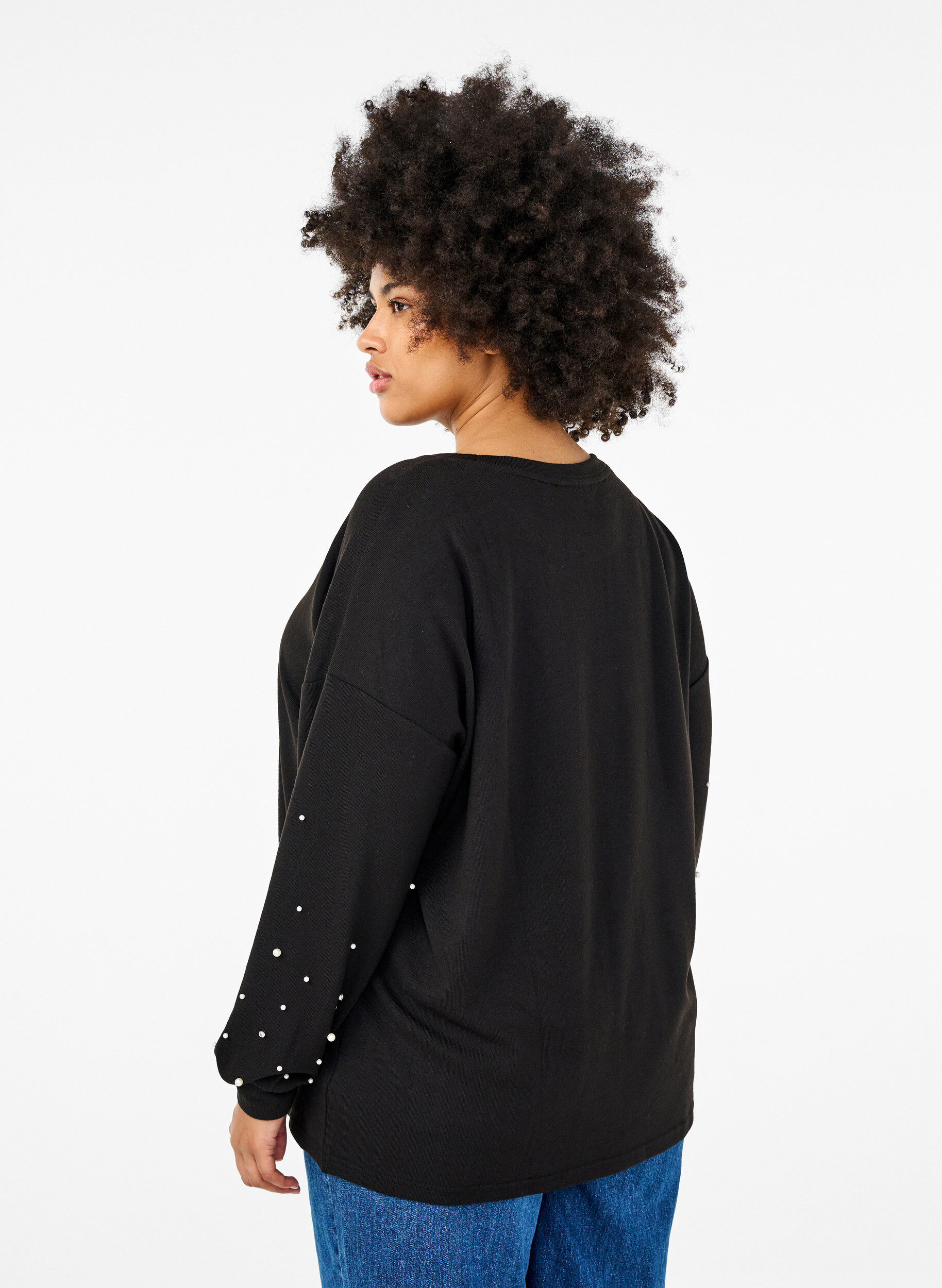 Zizzi Einfarbige Bluse mit Perlen, Black, Model image number 1