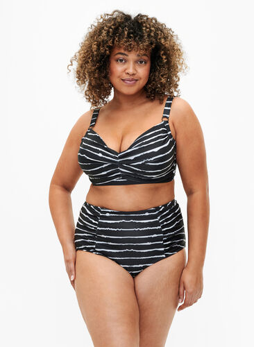 Bikini-Unterteil mit Streifen und hoher Taille, Black White Stripe, Model image number 0