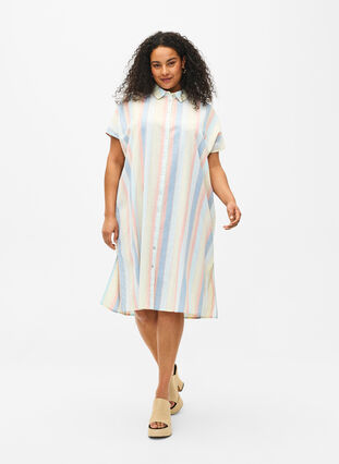 Langes Hemd aus Baumwollmischung mit Leinen, Multi Color Stripe, Model image number 0