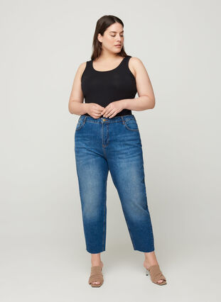 Cropped Mom Fit Mille Jeans mit lockerer Passform, Blue denim, Model image number 0