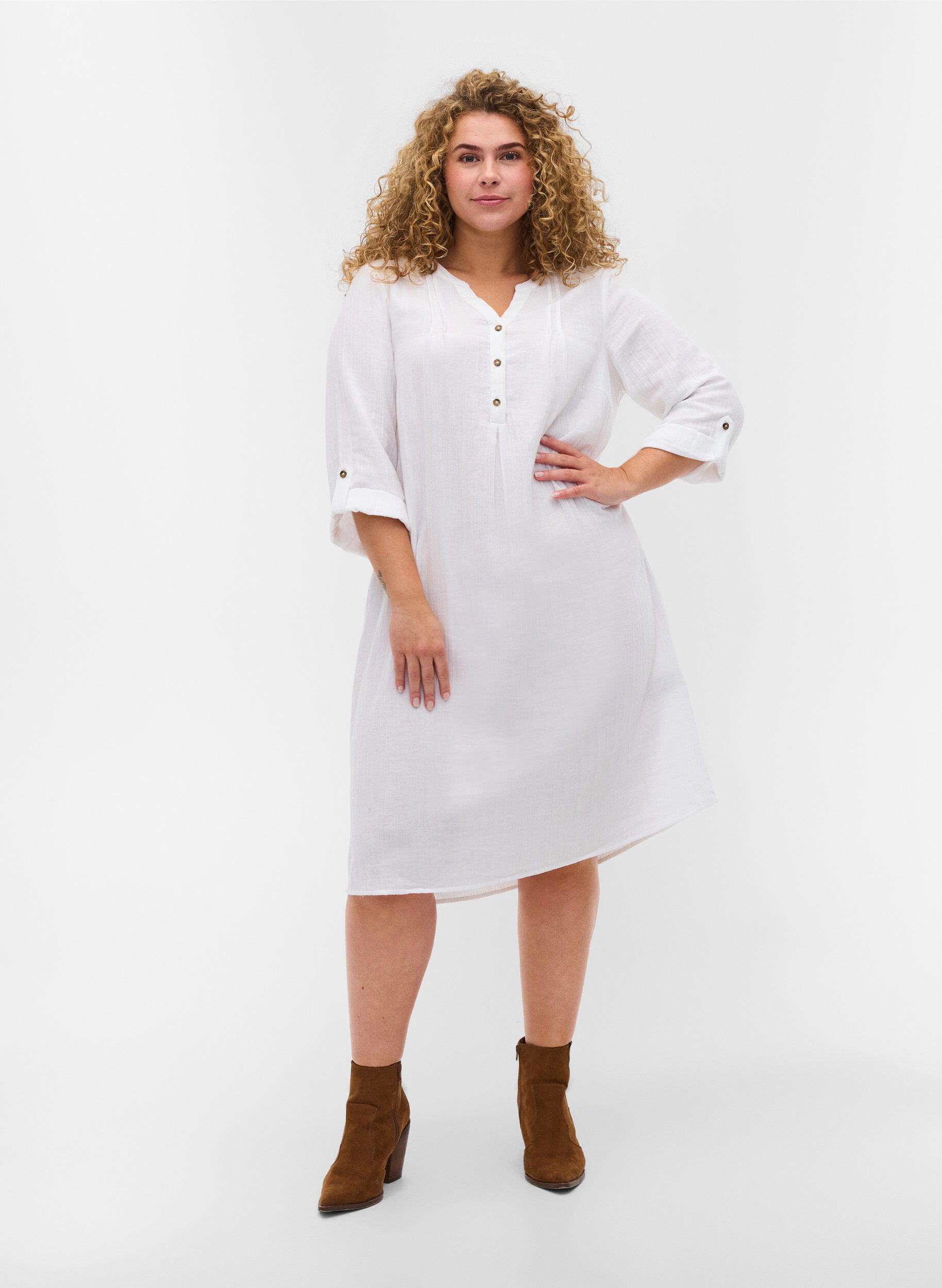 Zizzi Baumwollkleid mit 3/4-&Auml;rmeln, Bright White, Model image number 2