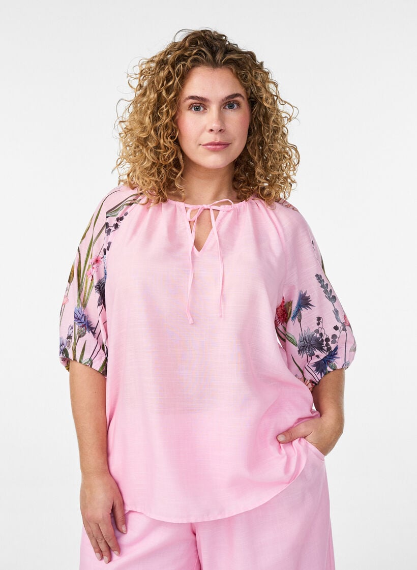 Bluse mit Bindedetail und gebl&uuml;mten &Auml;rmeln, Pink, Model image number 0