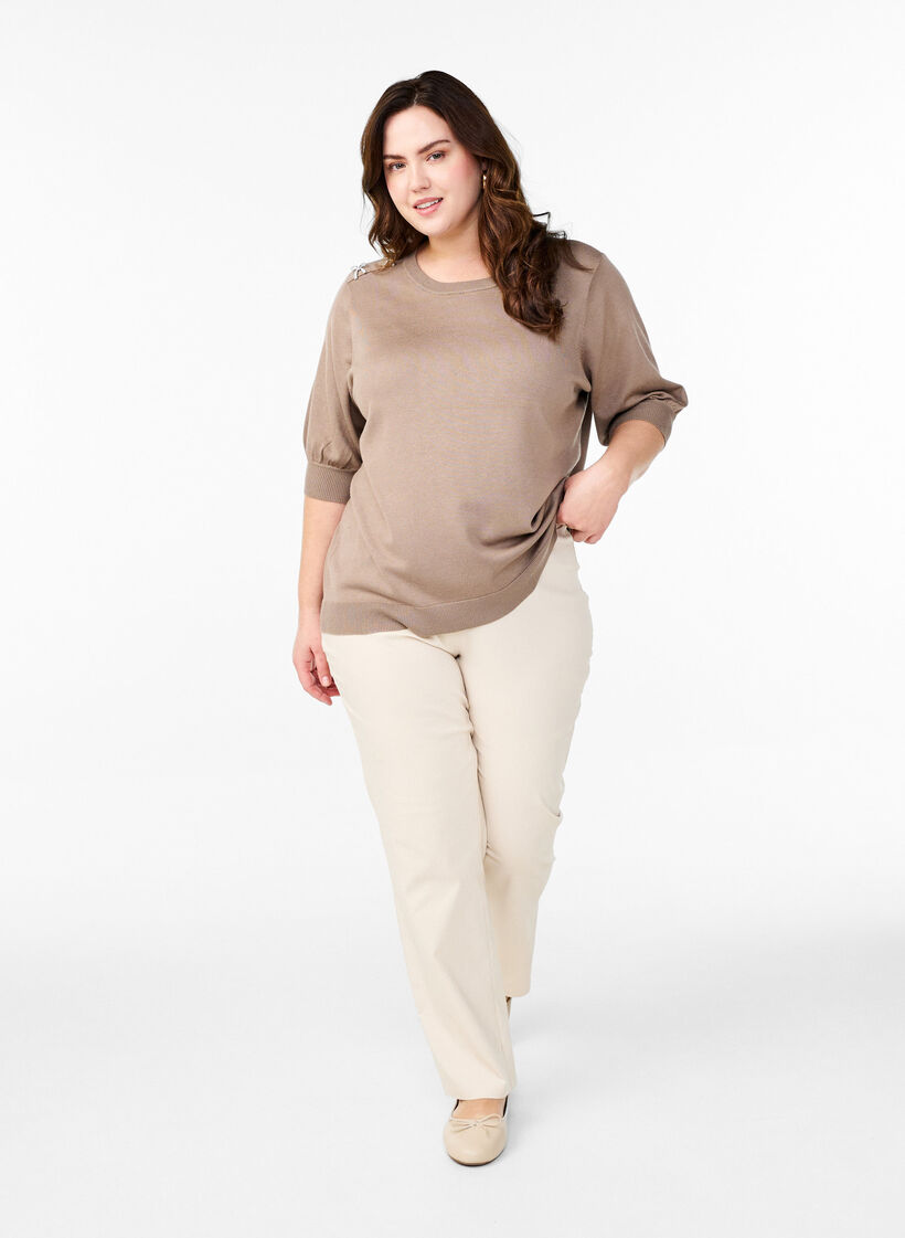 Strickbluse mit kurzen Ärmeln und kleinen Schleifen, Beige, Model image number 1