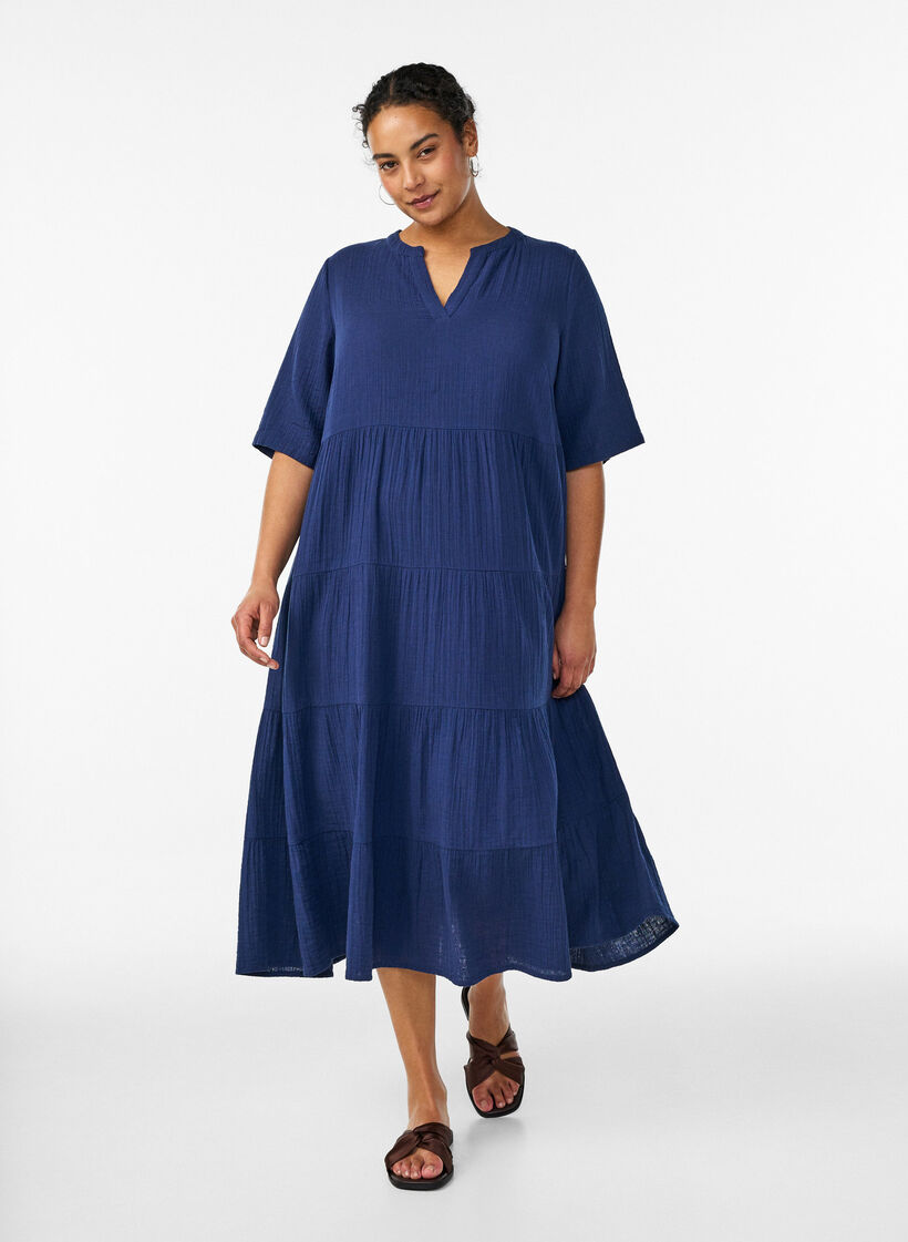 Midikleid in A-Linie aus Baumwoll-Musselin, Blau, Model image number 0