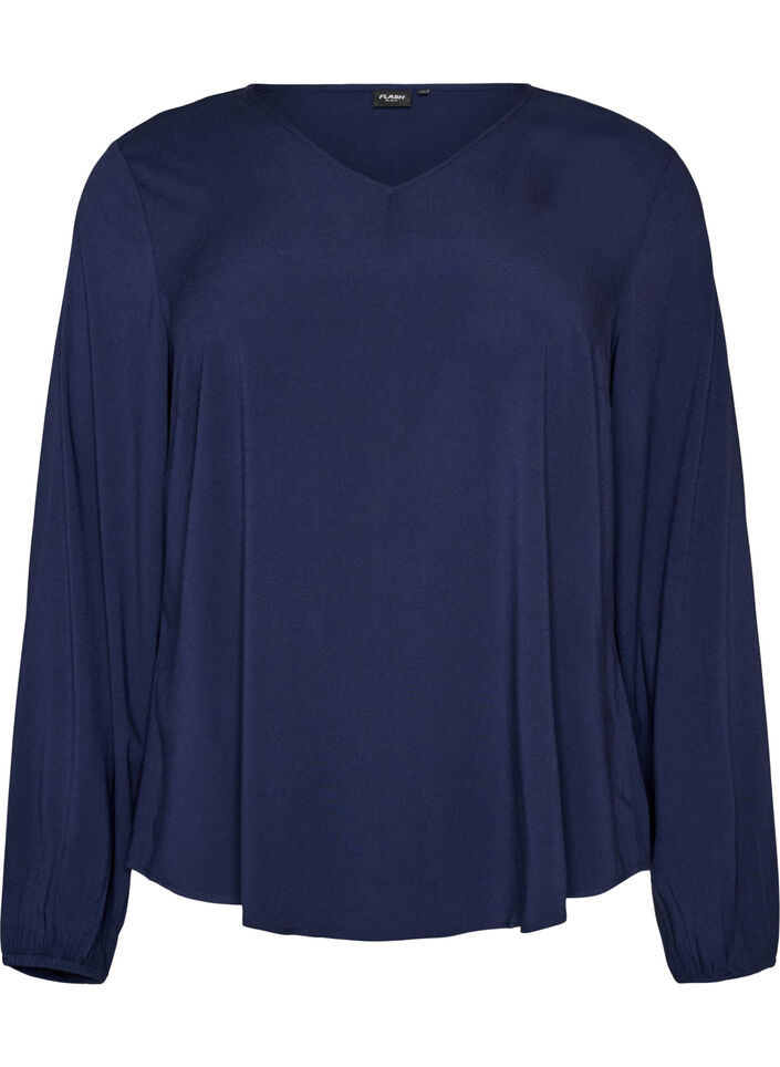 Bluse aus Viskose mit V-Ausschnitt und abgerundetem Saum, Blau, Packshot image number 0
