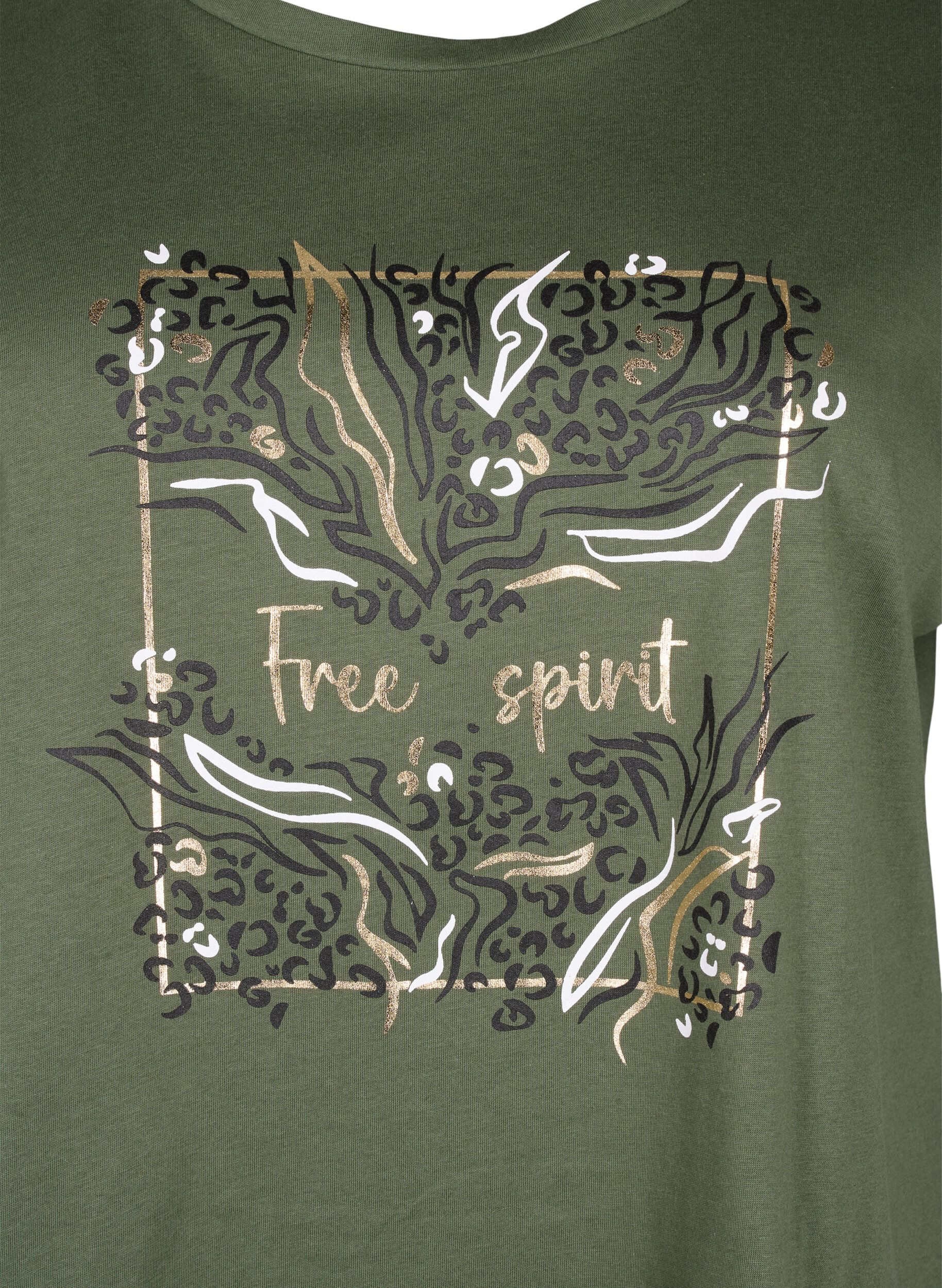 Zizzi T-Shirt aus Bio-Baumwolle mit Golddruck, Thyme W. Free, Packshot image number 2