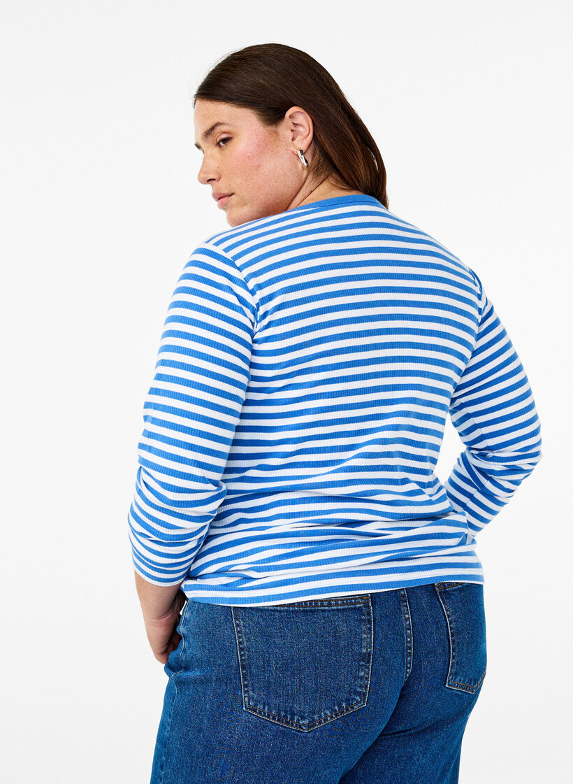 Gestreifte Bluse mit langen Ärmeln, Blau, Model image number 2