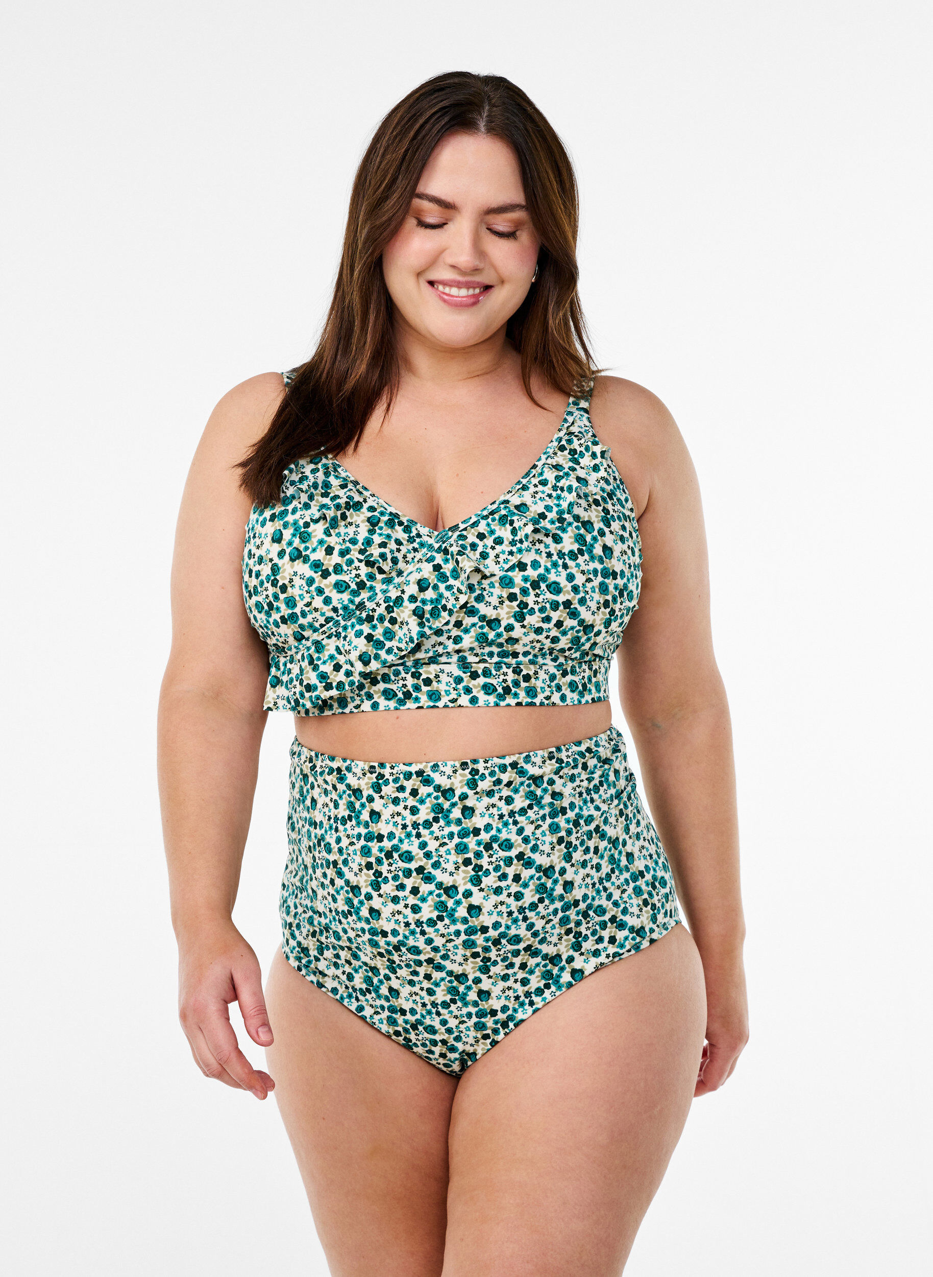 ZizziGebl&uuml;mtes Bikinioberteil mit R&uuml;schendetails, Gr&uuml;n, Model image number 1