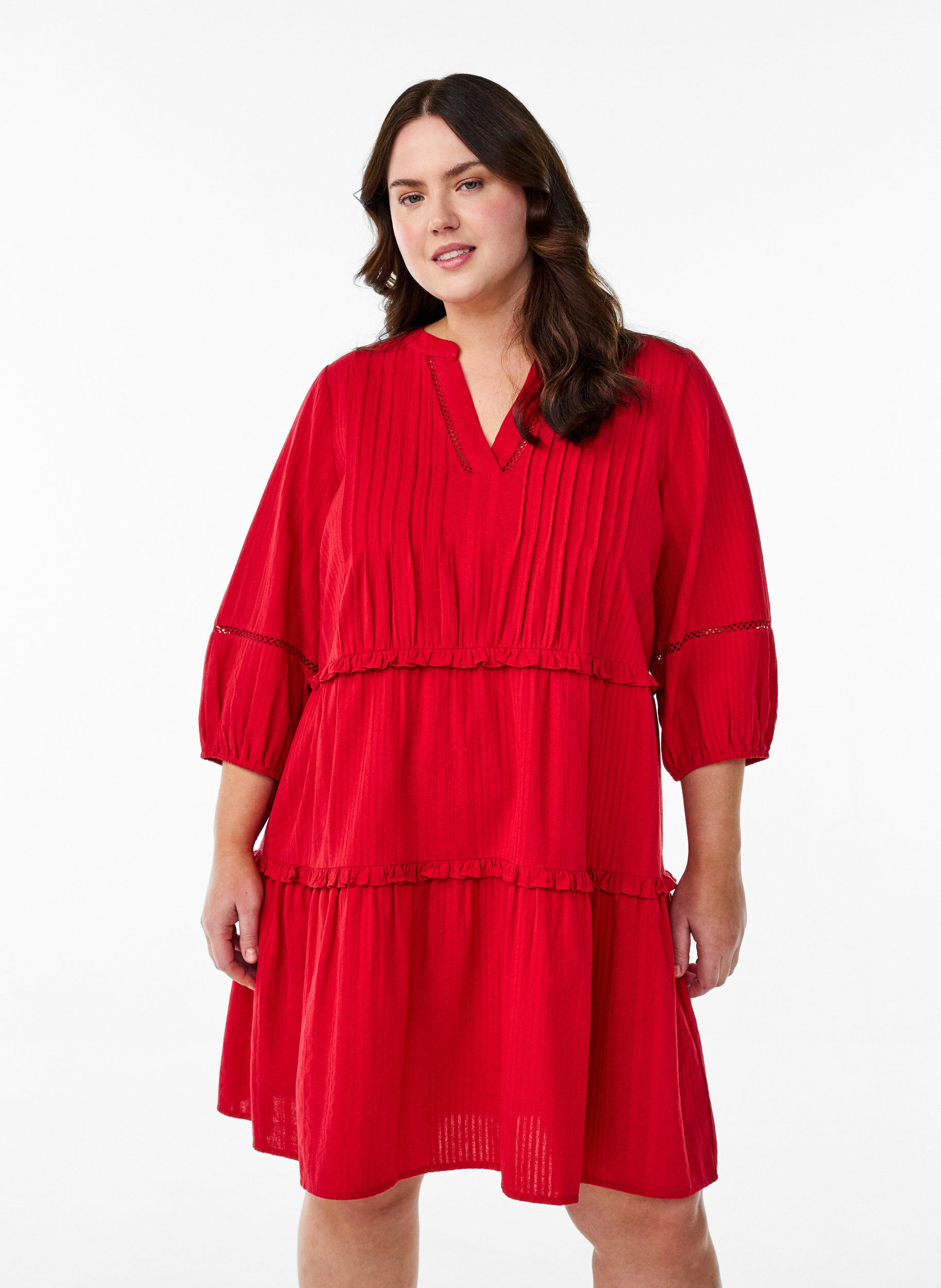 Zizzi Baumwollkleid mit 3/4-&Auml;rmeln und R&uuml;schen, Rot, Model image number 0