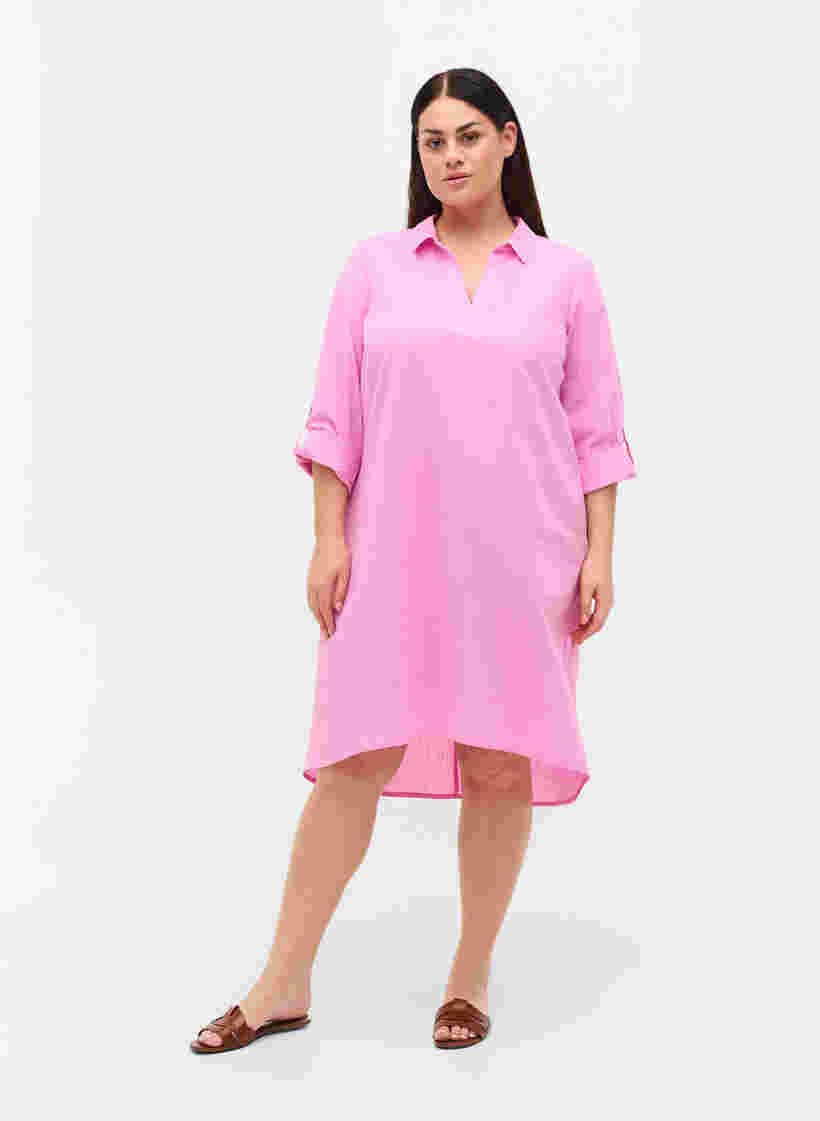 Kleid mit V-Ausschnitt und Kragen, Begonia Pink, Model image number 2