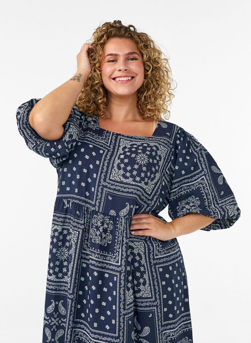 Kn&ouml;chellanges Kleid aus Viskose mit Paisley-Print und kurzen &Auml;rmeln, Blau, Model image number 2