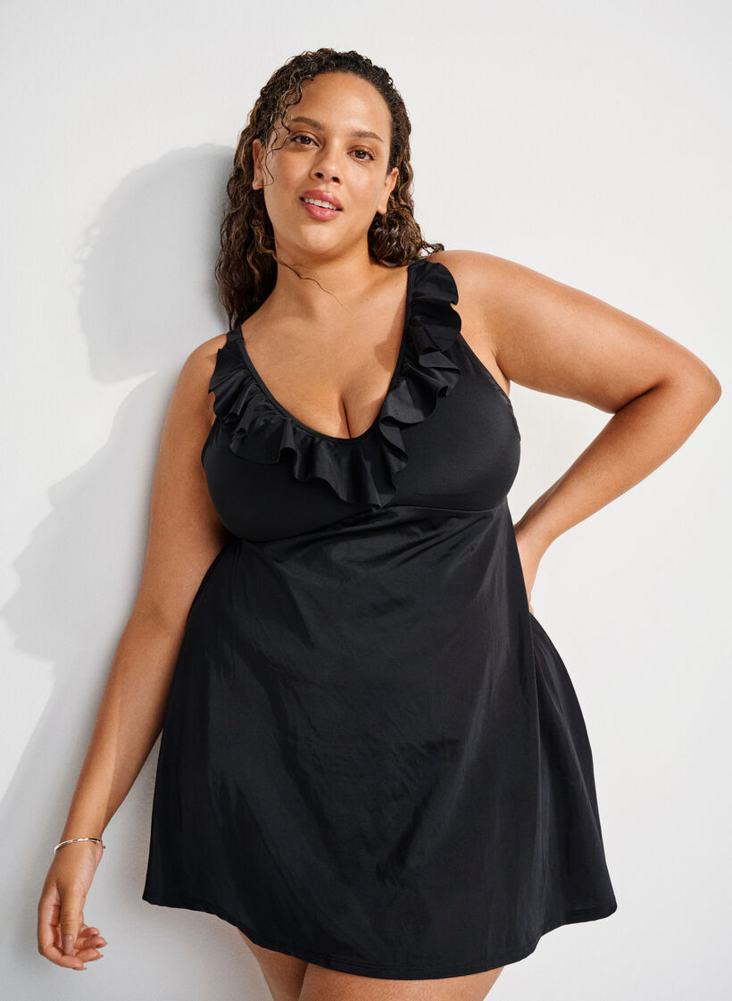 Badeanzug mit Rüschen und herausnehmbaren Pads, Schwarz, Image image number 0