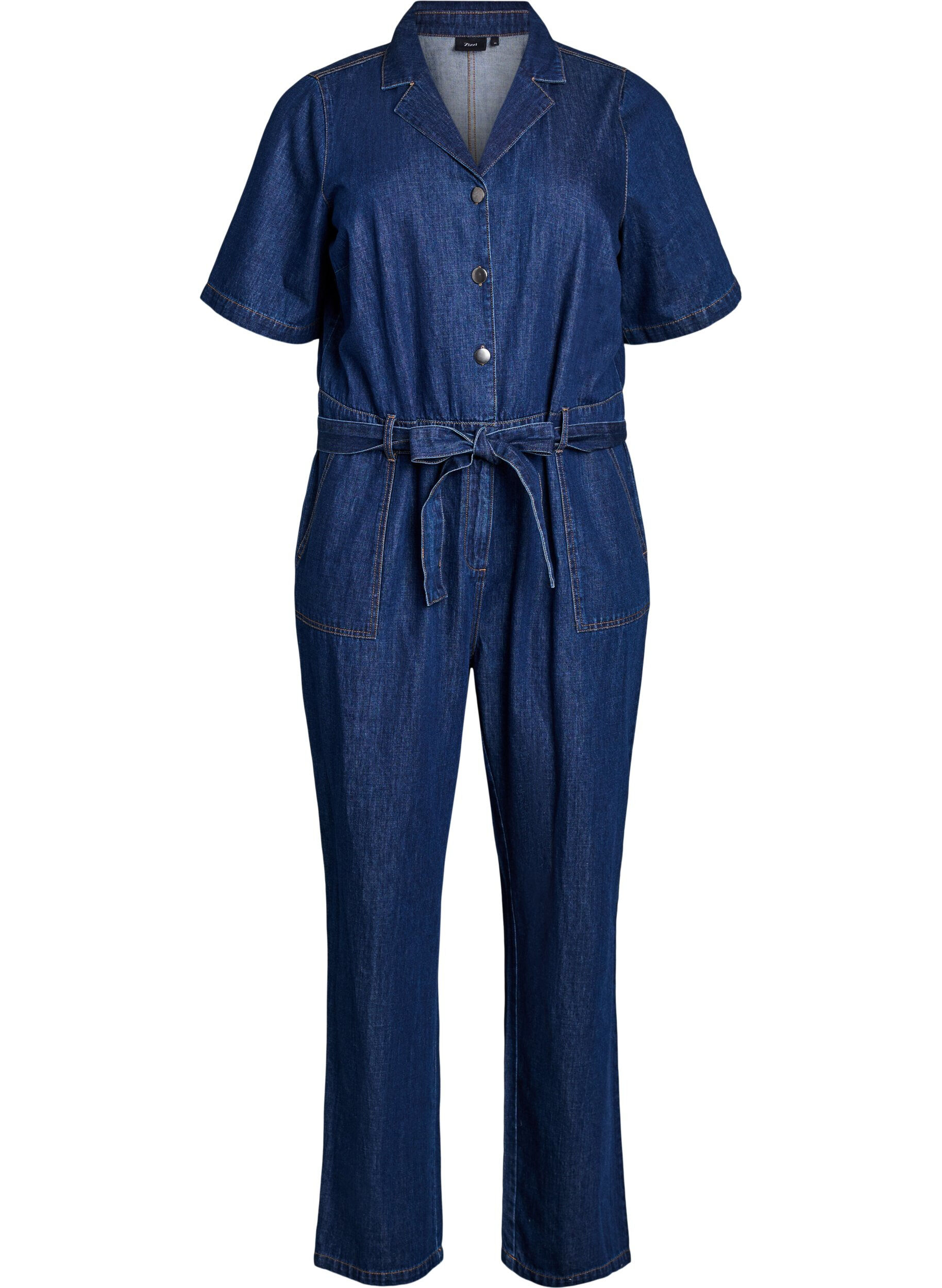 Zizzi Denim-Jumpsuit mit kurzen &Auml;rmeln und Bindeg&uuml;rtel, Blau, Packshot image number 0