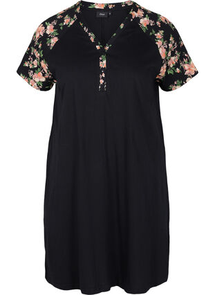 Kurzarm Nachthemd aus Baumwolle mit Printdetails, Black Flower, Packshot image number 0