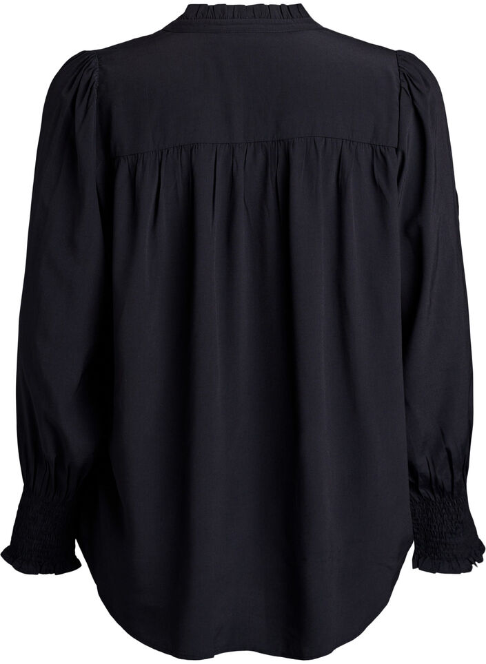 Bluse mit R&uuml;schenkragen und Raffung, Schwarz, Packshot image number 1