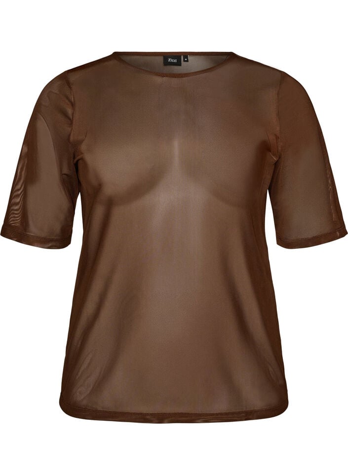 Top aus Mesh mit kurzen &Auml;rmeln und Rundhalsausschnitt, Braun, Packshot image number 0
