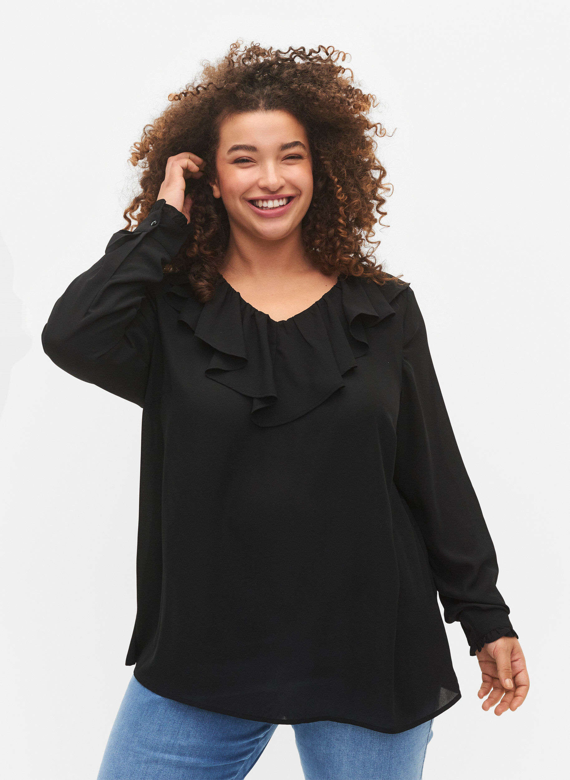 Zizzi Lang&auml;rmelige R&uuml;schenbluse, Black, Model image number 0