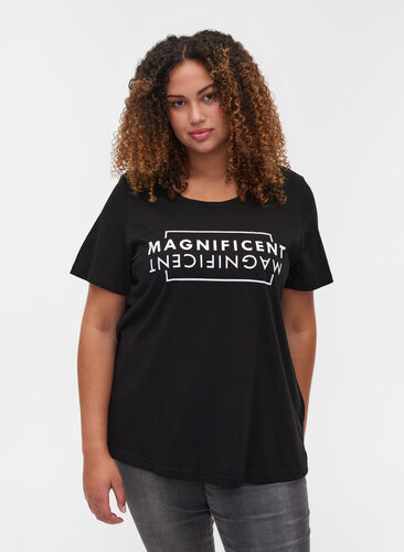 Kurzarm T-Shirt aus Baumwolle mit Aufdruck, Black/Magnificent, Model image number 0