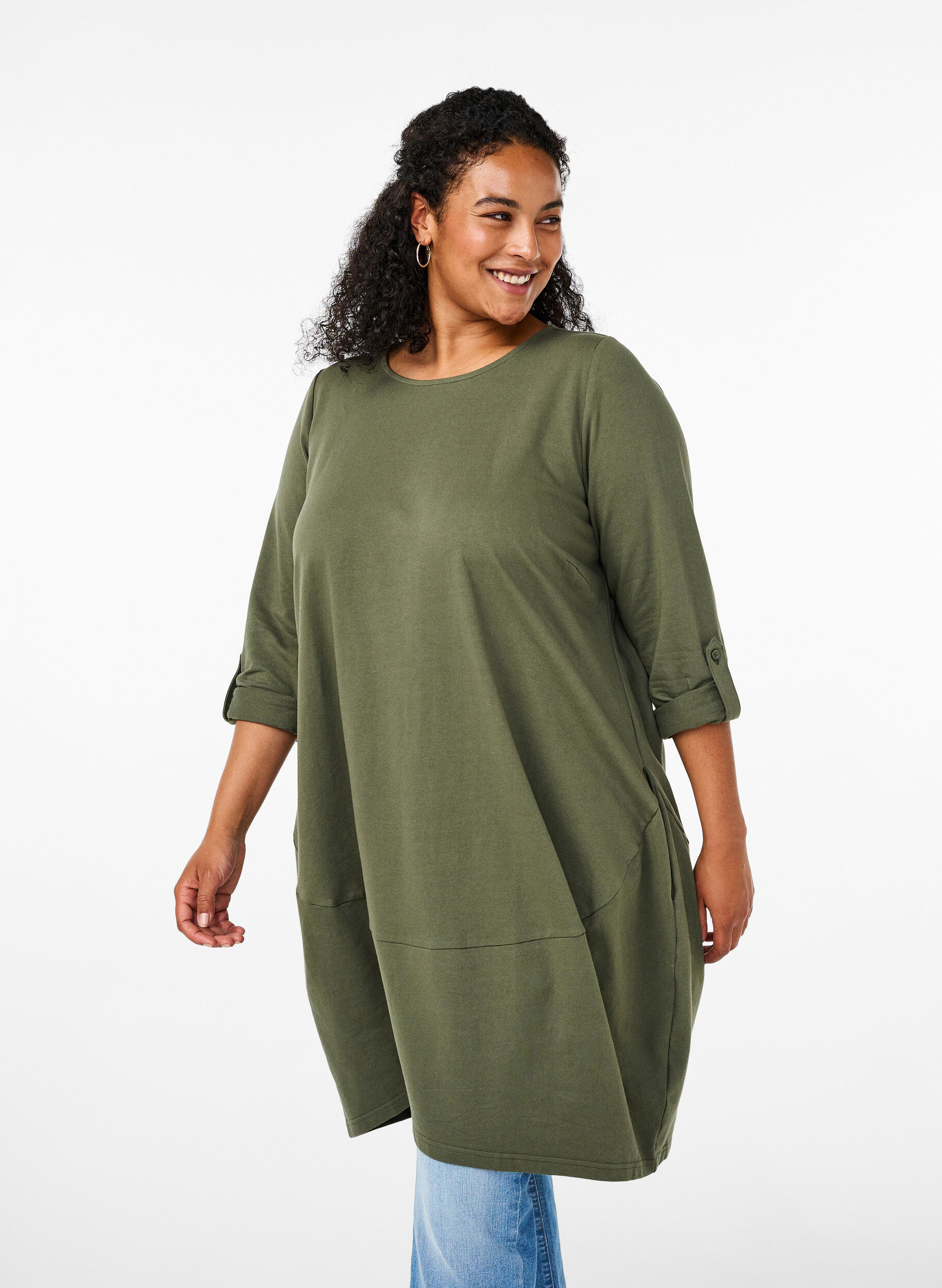 Ballonkleid aus Baumwolle mit Taschen, Gr&uuml;n, Model