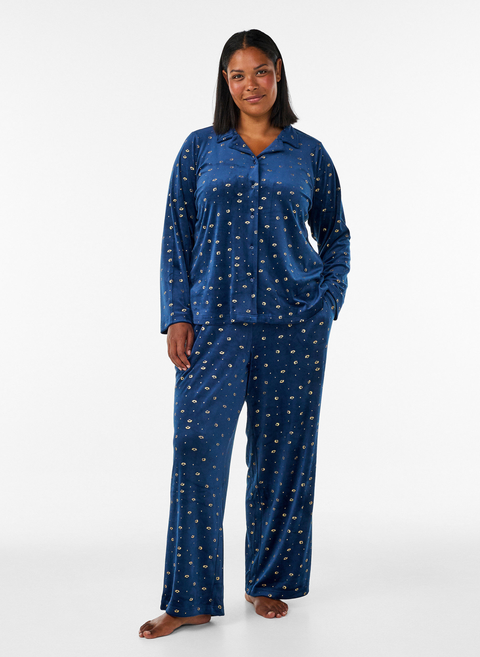 ZizziPyjamaoberteil aus Velours mit Allover-Print, Blau, Model image number 1
