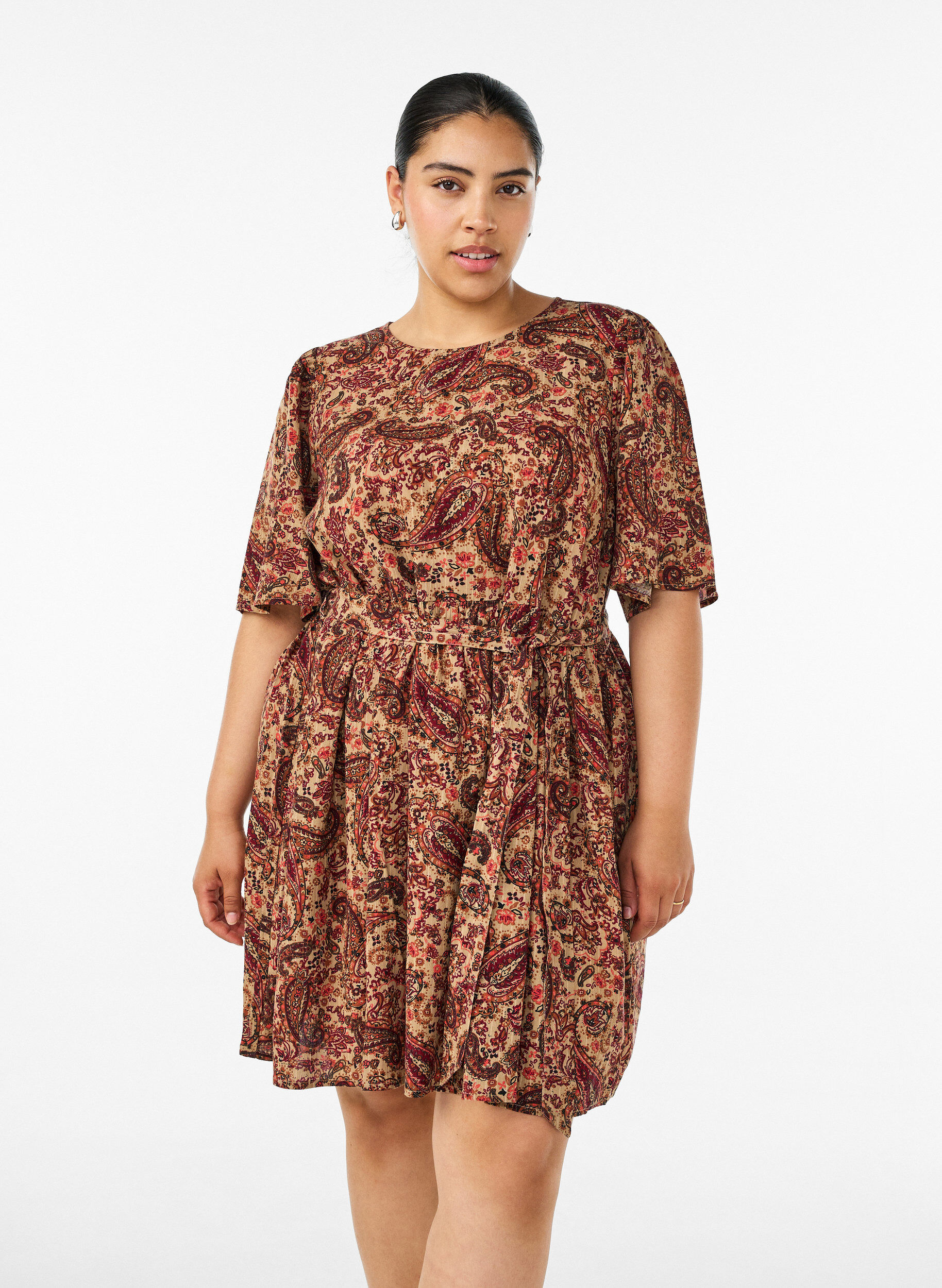 ZizziKleid mit Paisleymuster und Bindeg&uuml;rtel, Braun, Model image number 0