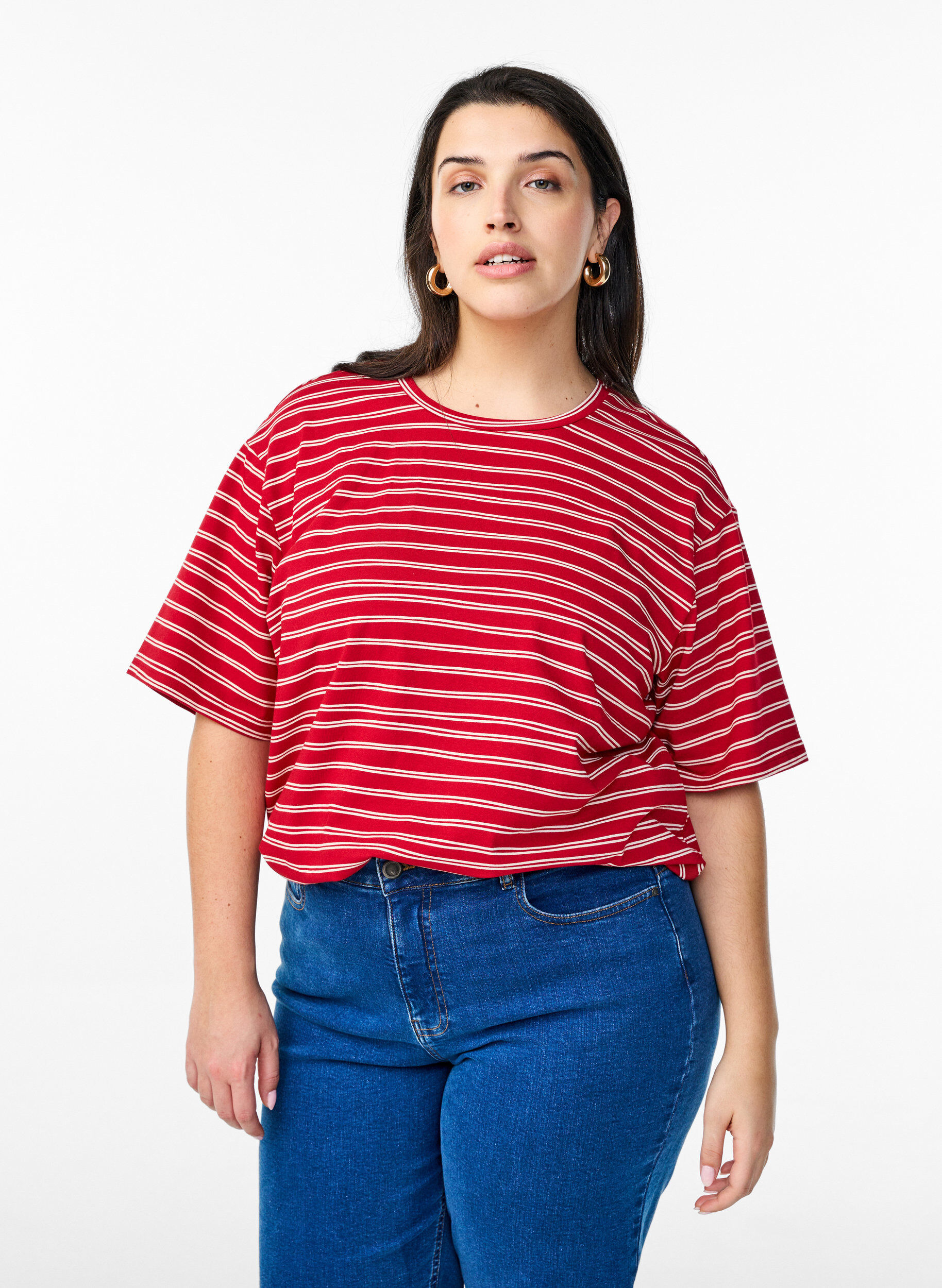 Zizzi Gestreiftes T-Shirt, Rot, Model image number 0