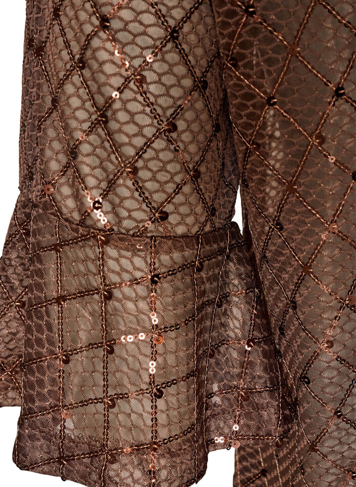 Transparente Bluse mit Pailletten und Rautenmuster, Braun, Packshot image number 3