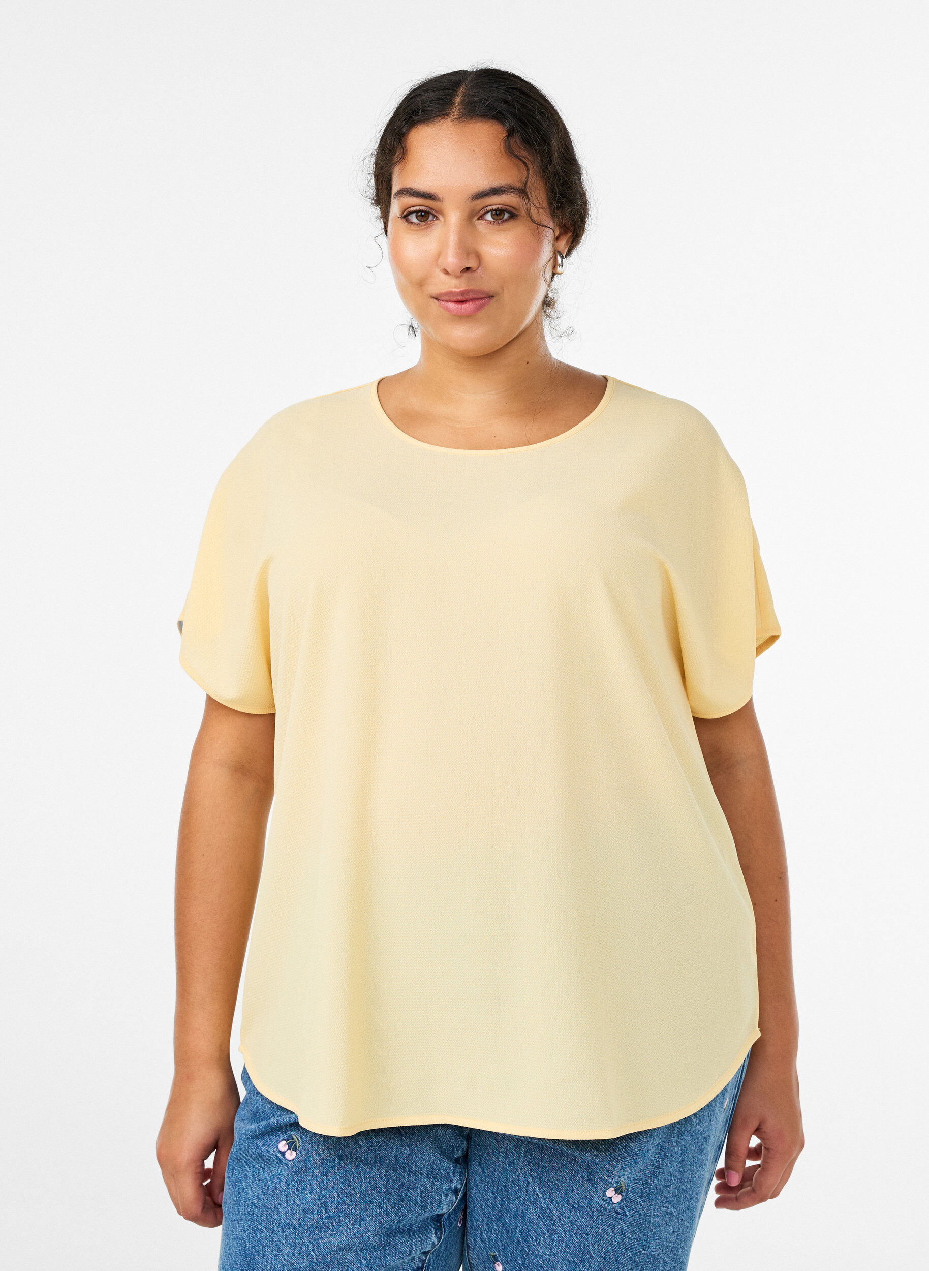 Bluse mit kurzen &Auml;rmeln und Rundhalsausschnitt, Gelb, Model