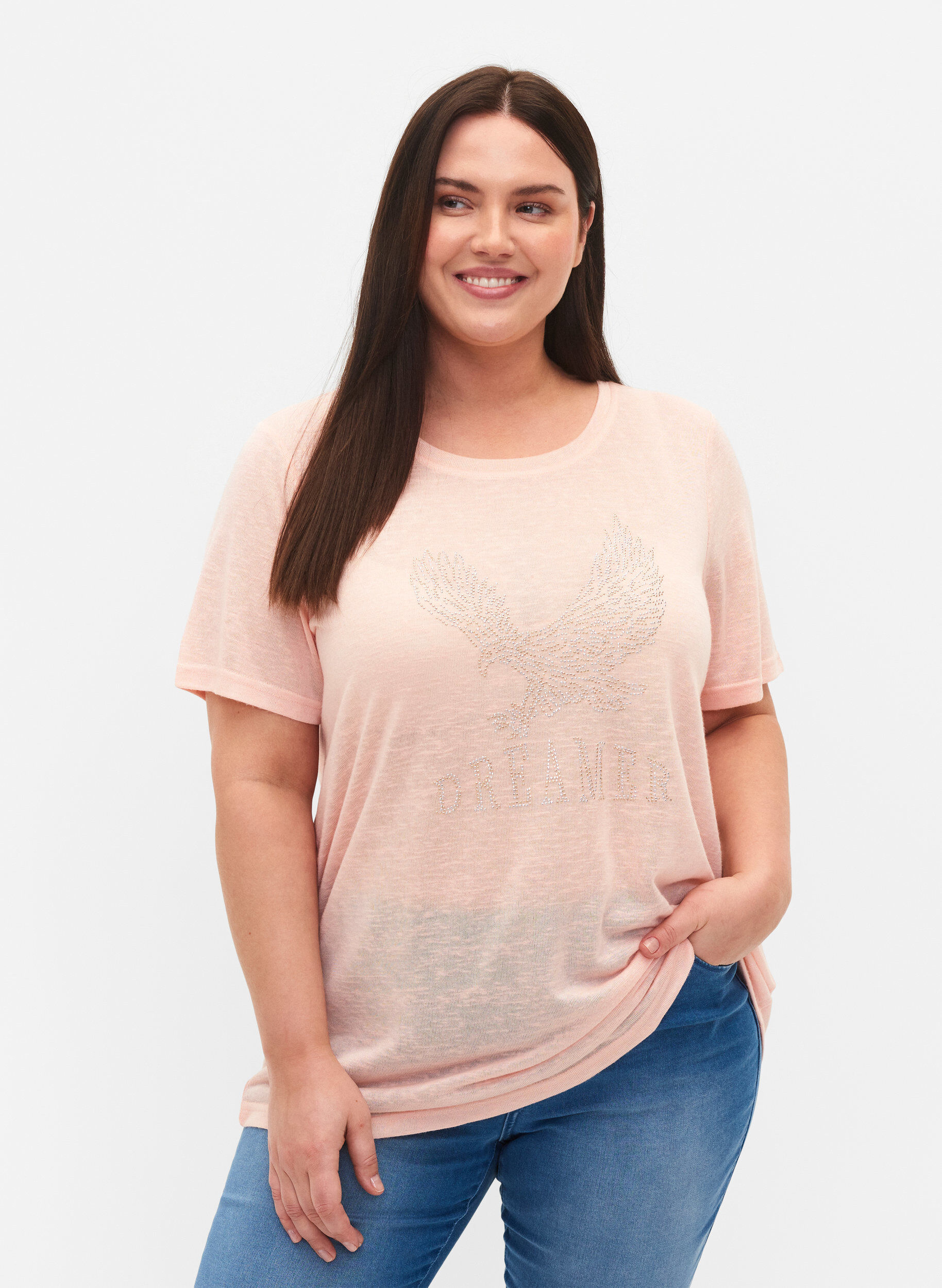 Zizzi T-Shirt mit Nieten und Rundhalsausschnitt, Pale Blush, Model image number 0