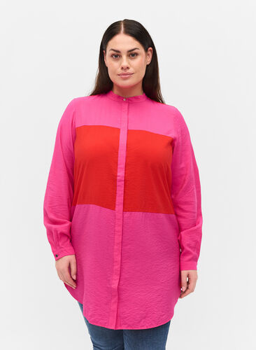 Lange Hemdbluse mit Color-Block, Pink Red Block, Model image number 0