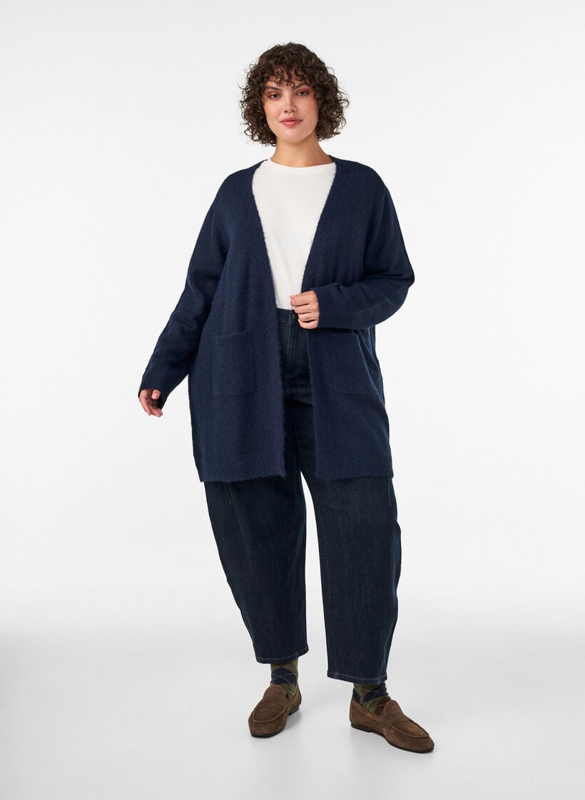Lange Strickjacke mit Taschen, Blau, Model image number 1