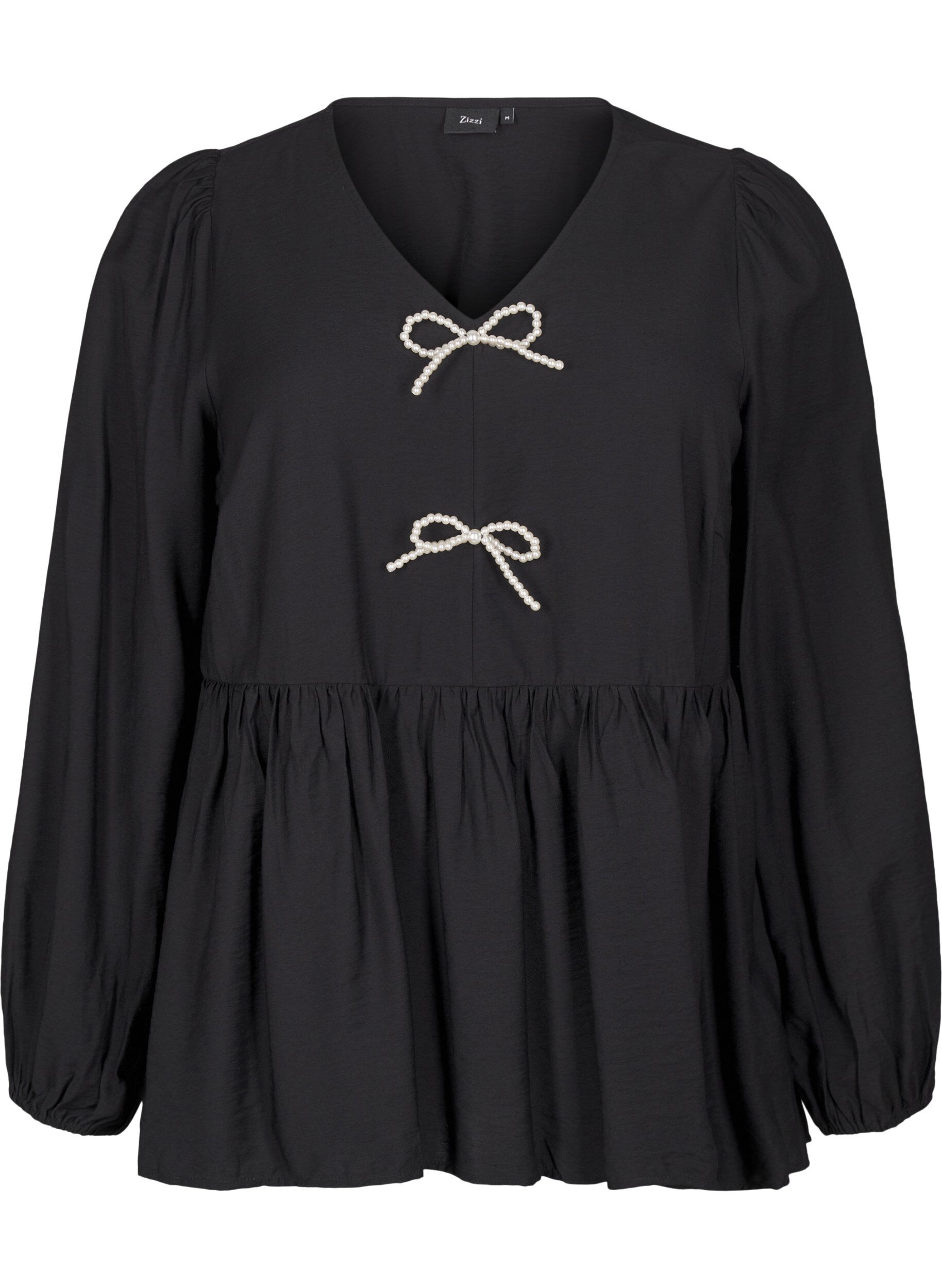 Zizzi Bluse mit Perlenschleifen und langen &Auml;rmeln, Black, Packshot image number 0