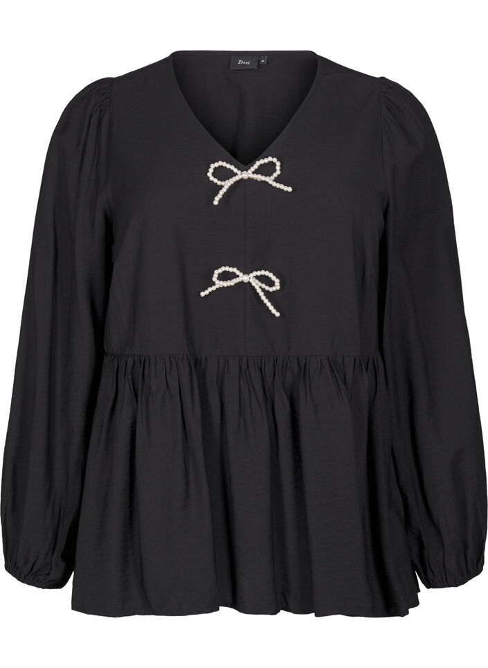 Bluse mit Perlenschleifen und langen Ärmeln, Black, Packshot image number 0