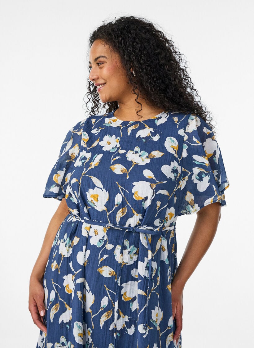 Kn&ouml;chellanges Kleid mit Fl&uuml;gel&auml;rmeln und Bindeg&uuml;rtel, Blau, Model image number 2