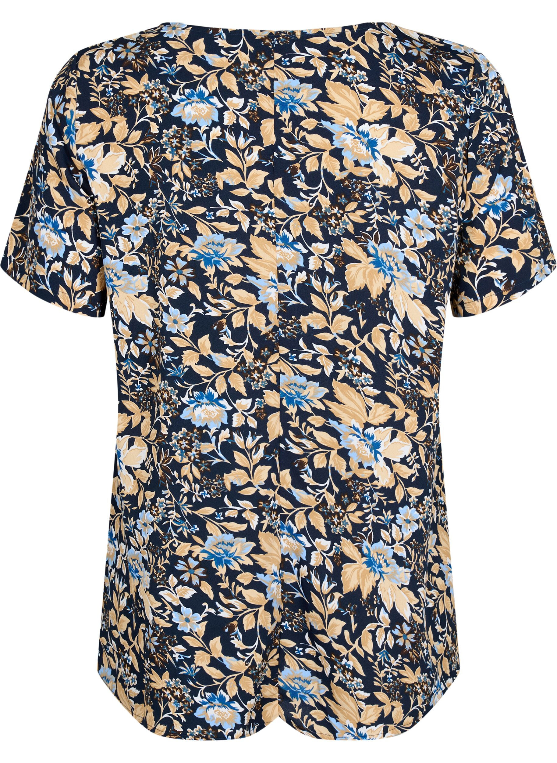 Zizzi FLASH - Bluse mit kurzen &Auml;rmeln und Print, Brown Blue Flower, Packshot image number 1