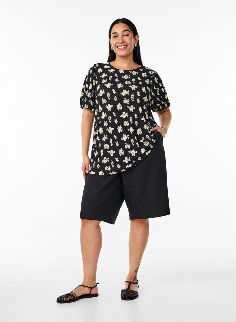 Gemusterte Bluse mit kurzen Ärmeln, Schwarz, Model image number 1